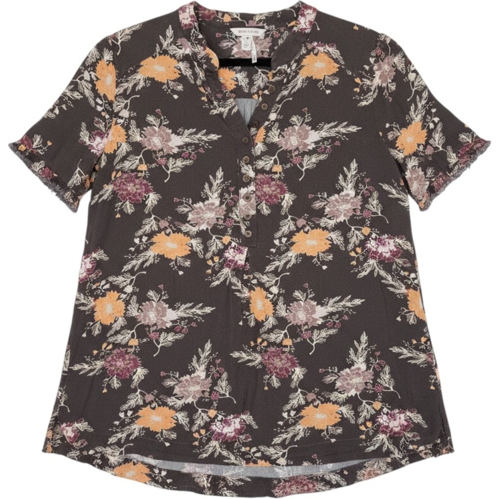 Free People Floral Henley High-Low Tunic Top Short Sleeve M Boho Cottage Indie